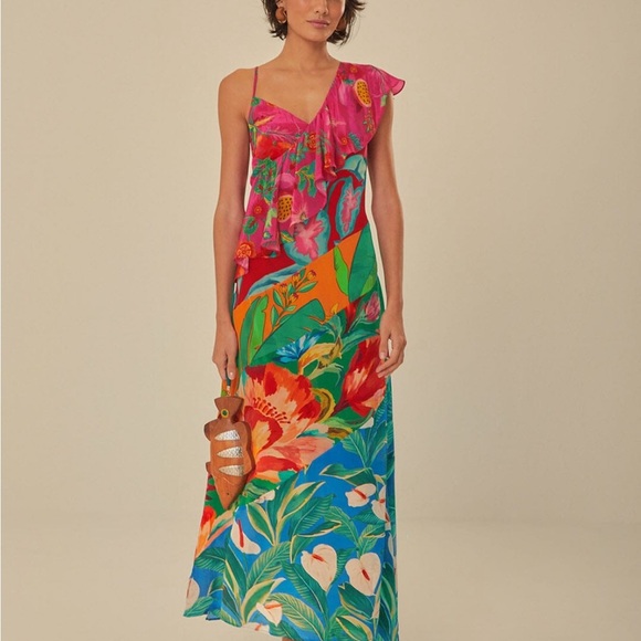 Farm Rio Mixed Flowery Ruffle One Shoulder Midi Dress Tropical Floral Pink - Picture 4 of 8